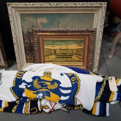 #3014 • 2 Pieces Of Framed Art & Navy Banners