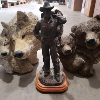 #4020 â€¢ One Branding Iron Collection Statue, One Wolf Bust, One Bear Bust