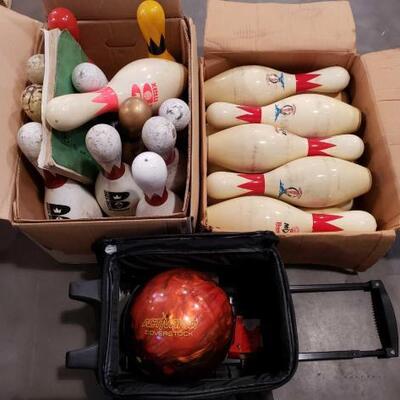 #4078 â€¢ One Bowling Ball and bag and Two Boxes of Bowling pins

