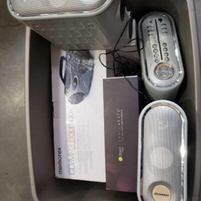 #1156 â€¢ Sylvannia CD Player with speakers, Zumba Exhilarate DVD Experience, Memorex CD/MP3 Boombox new in box, and more