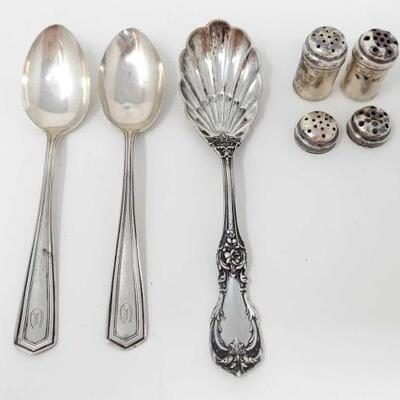 #488 • Sterling Silver Spoons And Miniature Salt And Pepper Shakers
