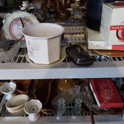 #4076 â€¢ Wood trays, One Silver Plated butter dish, Stock Pot, and more
. 
