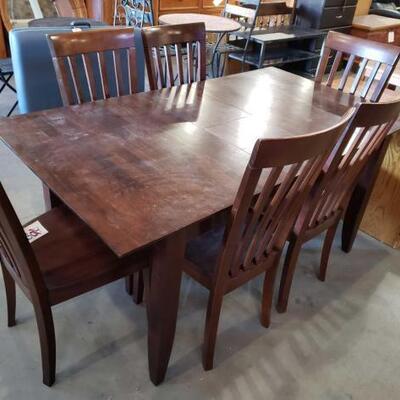 #2324 • Wooden Dining Room Table with 6 Chairs and 1 Leaf