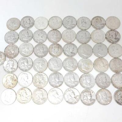 #674 â€¢ 49 Benjamin Franklin Half Dollars - weighs approx 610g

