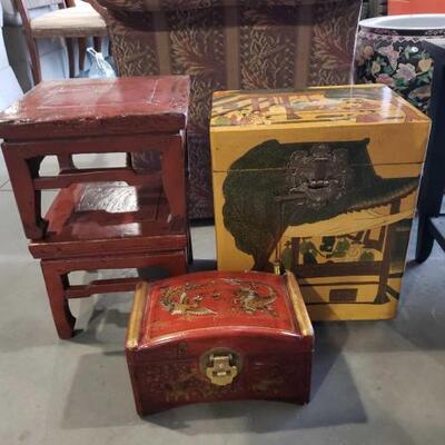 2012 â€¢ 2 Vintage Asian Style Lock Boxes And 2 Vintage Step Stools