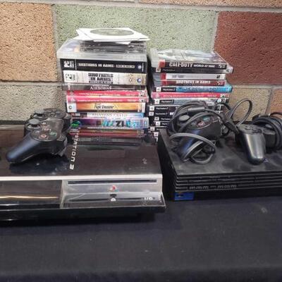#944 â€¢ Playstation 2 and 3 with Controllers, Games for PS2, PS3, and PC