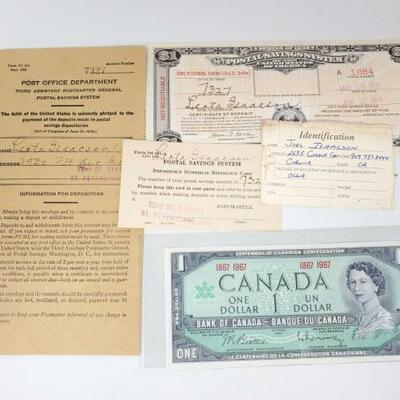 
#727 â€¢ Red Sealed Canada Dollar Bill, Postal Saving System