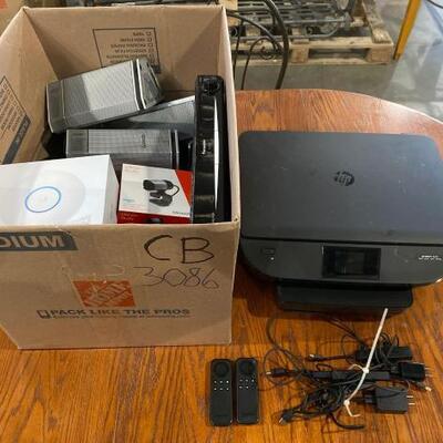 #3088 • HP Scanner. Amazon Fire Sticks. Unifi NanoHD web cam, speakers, mini drone. remotes, power strips, RCA Cables, Panasonic 5 disc...
