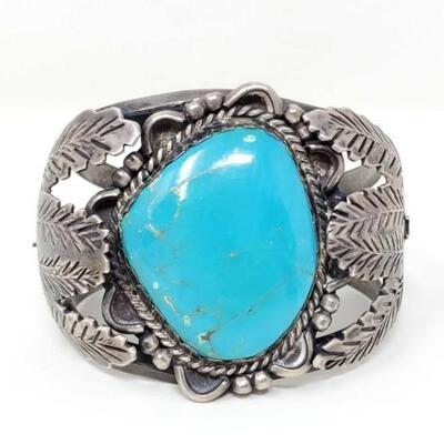 #436 • Native American Sterling Silver Cuff With Large Turquoise Stone,84g