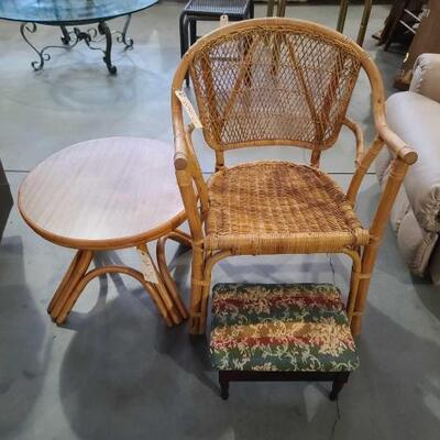 #2146 • Wicker Chair, Wooden End Table, And Foot Stool