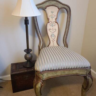 Beautiful Pulaski chair in a green distressed finish measures 20" x 19" x 40". Lamp stands 34" with shade topper and...