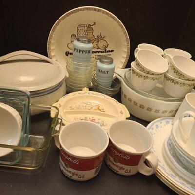 Pfaltzgraff warming plate measures 9" x 9" x 2". Two Campbell's soup 1989 cups. Four cups, three bowls, six tea...