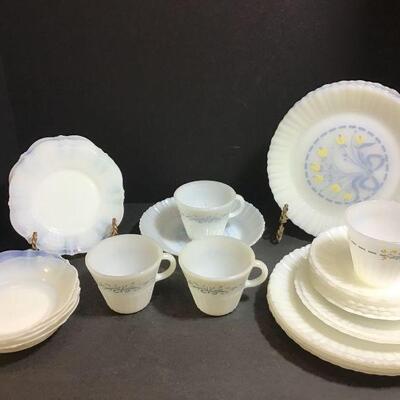Collection of vintage Termocrisa milk glass dishes. Includes 8 dinner plates 9â€, 1 bowl, 4 mugs, 6 saucers, 2 salad plates and 1 bowl....