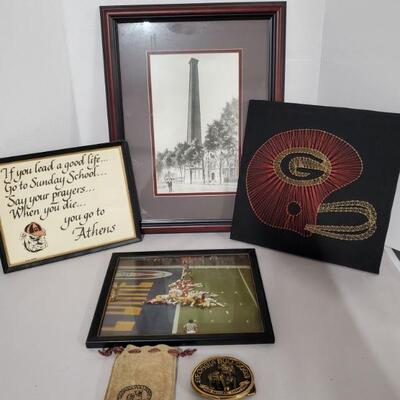 Collection of Georgia Bulldogs memorabilia. String art is 11x11", large framed picture 14x18", belt buckle 3.5"...