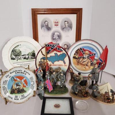 Collection of confederate memorabilia. Includes plates, pictures, resin statues and more. Plates 7-10" in diameter....