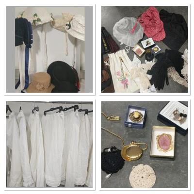 10 hats, 5 underskirts, 3 underpants, 4 fans, 4 Gloves, Cloth belts, Lace collars, Broaches and costume jewelry, Hair Accessories....