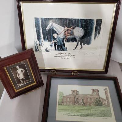 Collection of prints. Robert E.Lee with Traveler framed print signed by Larry Arnold is 22x18" Framed print 8x11", Stratford...
