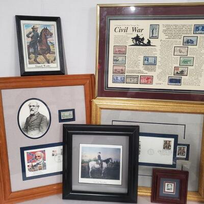 Collection of prints with stamps from Civil War which includes Lee, Waite and more. Civil War frame 12x16" Lee on Traveler...