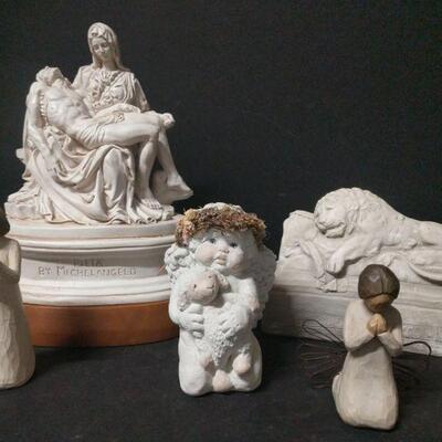 Sculptures of Michelangeloâ€™s Pieta (stands 11"), the Lion of Atlanta, a Cherub, and Willow Tree Angels (two angels are missing...