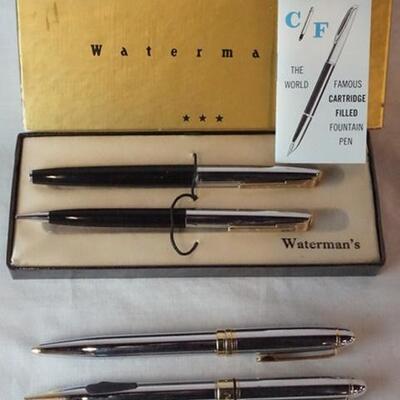 1019	VINTAGE WATERMANS  IN BOX WITH INSTRUCTIONS AND BLANK CARTRIDGES AND PIERE CARDIN, AS FOUND,  PEN AND PENCIL SETS
