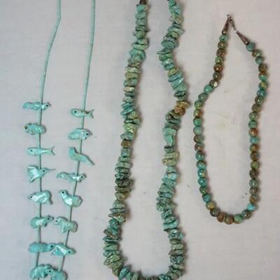 1005	3 TURQUOISE BEADED NECKLACES, 2 WITH MARKED STERLING CLASPS, 1 WITH HORSE FIGURAL BEADS
