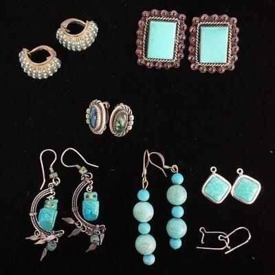 1016	6 PAIRS STERLING SILVER AND TURQUOISE EARRINGS, TOTAL APPROXIMATE WEIGHT INCLUDING STONE 1.741 OZT. 1 PAIR SIGNED W VALDEZ TAOS 2000...