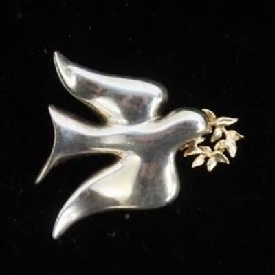1018	STERLING SILVER AND 14K  GOLD PEACE DOVE WITH OLIVE BRANCH
