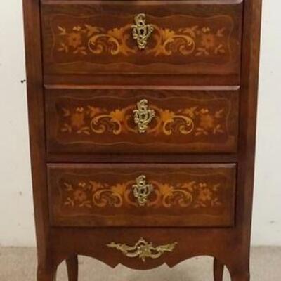 1028	MARBLE TOP FLORAL INLAID LINGERIE CHEST, BEVELED BROWN MARBLE, 4 DRAWERS, 22 1/2 IN WIDE X 51 1/4 IN HIGH

