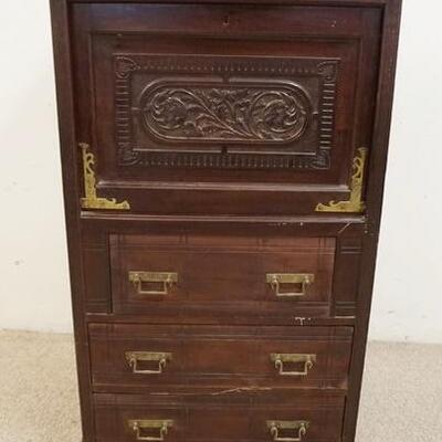 1018	CARVED VICTORIAN ABATTANT, HAS BRASS TRIM, 3 DRAWERS, 26 3/8 IN WIDE X 44 3/4 IN HIGH
