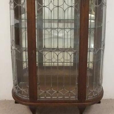 1019	OAK LEADED GLASS CHINA CABINET, CURVED SIDES, MIRROR BACK & GLASS SHELVES, 39 1/2 IN WIDE X 54 IN HIGH
