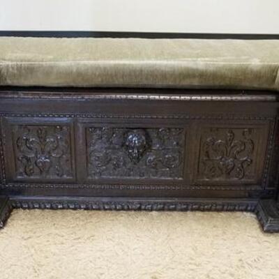1023	FIGURAL CARVED WINDOW BENCH W/LIFT SEAT, HAS CUSTOM MADE CUSHION, 67 1/2 IN WIDE
