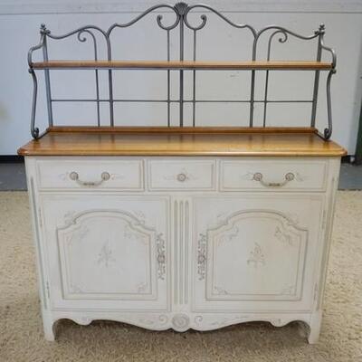 1038	ETHAN ALLEN *FRENCH COUNTRY* SIDEBOARD, HAS IRON FRAMED OPEN SHELF TOP, 3 DRAWERS INCLUDING FITTED SILVER DRAWER, 2 DOORS, 58 IN...