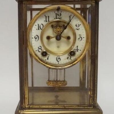 1033	ANSONIA CRYSTAL REGULATOR CLOCK, GLASS PANELS ARE BEVELED, OPEN ESCAPEMENT, 6 1/2 IN X 5 1/4 IN X 9 3/4 IN HIGH
