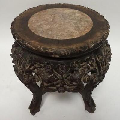 1024	SMALL CARVED ASIAN STAND W/INSET BROWN MARBLE, 14 IN HIGH, 12 IN TOP DIAMETER
