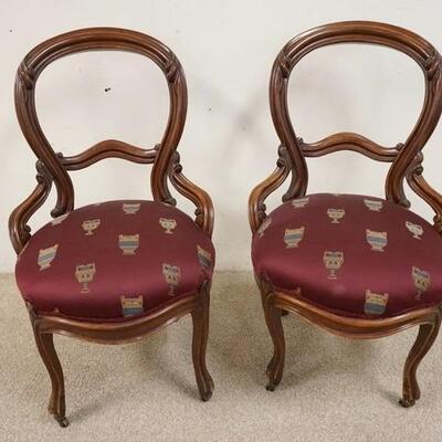 1022	PAIR OF FINGER CARVED VICTORIAN CHAIRS, UPHOLSTERED SEATS, 20 1/2 IN WIDE X 35 IN HIGH
