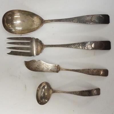 1008	4 PIECES STERLING SILVER FLATWARE, HAMMERED PATTERN, NOT MONOGRAMMED, LONGEST IS 8 3/4 IN, 7.6 TOZ TOTAL WEIGHT

