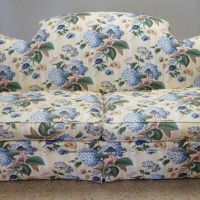 1055	DREXEL HERITAGE FLORAL UPHOLSTERED SOFA, SOME STAINING, APPROXIMATELY 85 IN WIDE
