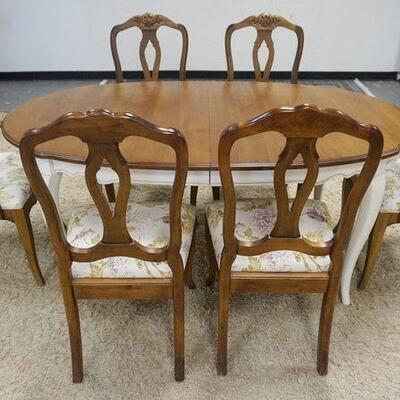 1037	ETHAN ALLEN *FRENCH COUNTRY* TABLE & 6 CHAIRS, TABLE HAS 2 SKIRTED 18 IN LEAVES, TABLE IS 70 IN X 42 IN CLOSED
