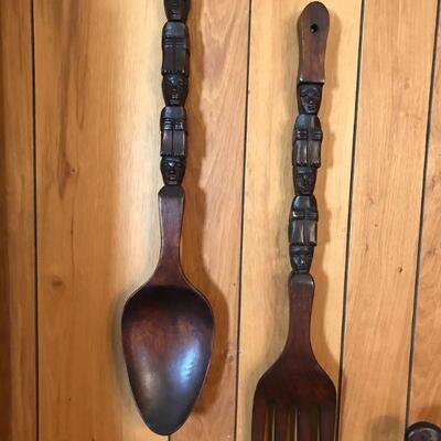Vintage Large Wood Spoon And Fork Tiki Totem 20â€ Kitchen Decor Wall Hanging