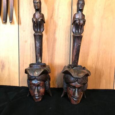 Hand Carved Wood Man Head Face Igorot Motar Bowl with long handle 2PC