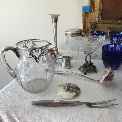 Sterling vase $200
Martini shaker with sterling top $99 SOLD
silver plated sugar bowl and creamer $98
Sterling overlay pitcher SOLD...
