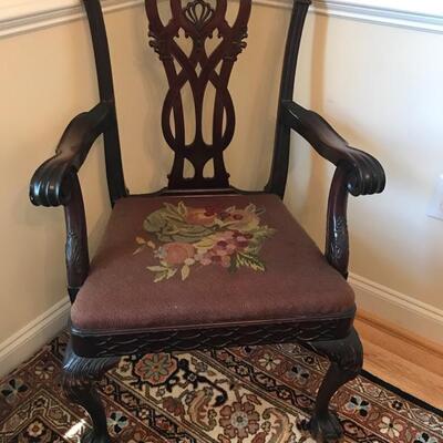 19th century Chippendale style set of 8 dining chairs with needlepoint seats and down back pillows $1200
6 side chairs & 2 armchairs