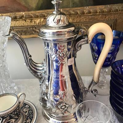 1921 silver plated coffee pot with ivory handle $250