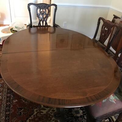 19th century Duncan Phyfe style banquet dining table with 4 leaves, center brace, and storage box for leaves $1200
without leaves 47 1/2...