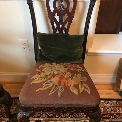 19th century Chippendale style set of 8 dining chairs with needlepoint seats and down back pillows $1200
6 side chairs & 2 armchairs