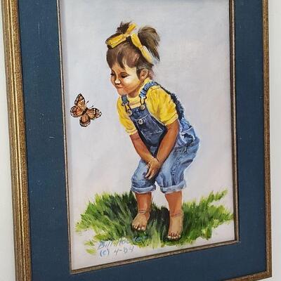 Very nice, original picture of a little girl looking at a butterfly