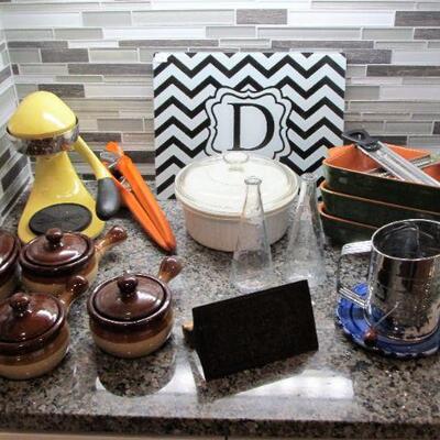 Stoneware crocks, bacon press, candy thermometers, OrangeX juicer, Dolmio Lasana dishes from Britain