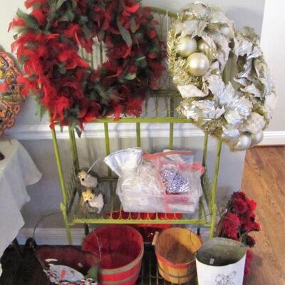 Green folding bakers rack.  Feeling festive? We have lots of lovely Christmas items.