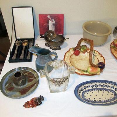 Neiman Markus 3pc Silver-plated serving set,  Fitz & Floyd Venetian Romance platters & vase, WIZA bowls made in Poland, FT Dodge...