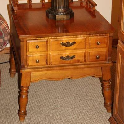 Solid oak wooden end tables (one pair).